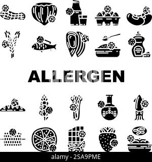 Icons für Lebensmittel ohne Allergene setzen Vektor. Gluten Zucker, Ei Soja, Laktose vegan, gmo Molkerei, Milchetikett, organische Kosmetik, fettallergenfreie Lebensmittel-Glyph-Piktogramme. Icons für Lebensmittel ohne Allergene setzen Vektor Stock Vektor