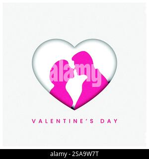 Valentinstag Paar Silhouette im Herzen - Rosa Papier Ausschnitt Design - Vektor Illustration Stock Vektor