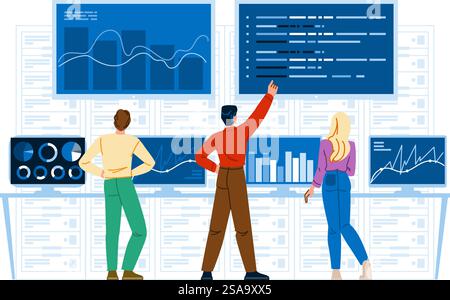 Analyse des Vektors der Basisserverdaten. Kennzahlen Performance, Sicherheitsspeicher, Visualisierung Einblicke in die Basis von Serverdaten, die Charakteranalysen durchführen. Leute flache Zeichentrickgrafik Illustration. Analyse des Vektors der Basisserverdaten Stock Vektor