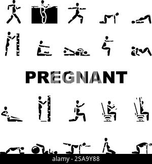 Schwangere Fitness pränatale Yoga-Symbole setzen Vektor. Übung Kraft, Flexibilität Wellness, Gesundheit Balance Ausdauer Ernährung, Atmen schwangere Fitness pränatale Yoga Glyph Piktogramme Illustrationen. Schwangere Fitness pränatale Yoga-Symbole setzen Vektor Stock Vektor