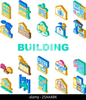 Grüne Gebäude Nachhaltigkeit Öko-Symbole setzen Vektor. Effizienz erneuerbar, freundlich, Isolierung Solar, leed, passiv, biophile, recycelte umweltfreundliche Gebäude-Nachhaltigkeit, Ökoisometrische Schilderillustrationen. Grüne Gebäude Nachhaltigkeit Öko-Symbole setzen Vektor Stock Vektor