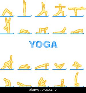 Yoga-Übungen Meditationssymbole setzen Vektor. Flexibilität Balance, Kraftfluss, Achtsamkeit Entspannung, Haltung, Ausrichtung Yoga Übungen Meditation Farblinie Illustrationen. Yoga-Übungen Meditationssymbole setzen Vektor Stock Vektor