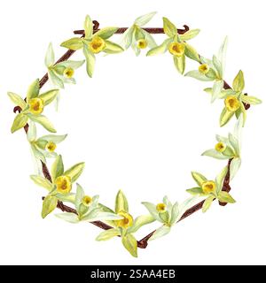 Vanilleorchideenblumen und Bohnen Aquarellkranz isoliert auf weißem Hintergrund. Hochwertiges, handgezeichnetes Designelement, perfekt für Gewürzdosen, Karten Stockfoto