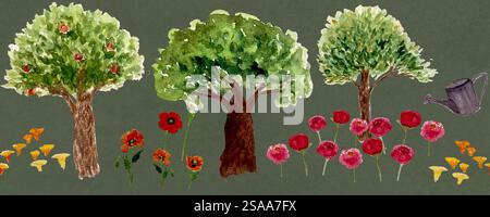 Bäume, Blumen, Pilze, Wassertropfen nahtloses Muster auf grünem Hintergrund. Aquarellskizzen, perfekt für Dekor, Tragetasche Stockfoto