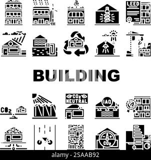 Grüne Gebäude Nachhaltigkeit Öko-Symbole setzen Vektor. Effizienz erneuerbar, freundlich, Isolierung Solar, leed, passiv, biophile, recycelte grüne Gebäude-Nachhaltigkeit-Ökoglyphen-Piktogramme. Grüne Gebäude Nachhaltigkeit Öko-Symbole setzen Vektor Stock Vektor