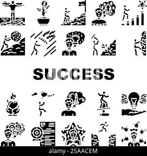 Symbole für Erfolg Lebensziel Zielsetzung setzen den Vektor. Motivation Ehrgeiz, Ausdauer Disziplin, Fokus Wachstum, Mindset, Resilienz Erfolg Lebensziel Ziel-Glyptogramme. Symbole für Erfolg Lebensziel Zielsetzung setzen den Vektor Stock Vektor