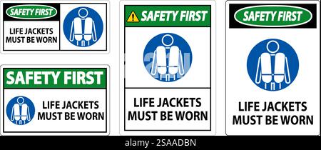 Wassersicherheitsschild Gefahr, Rettungswesten Müssen Getragen Werden Stock Vektor