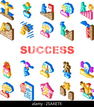 Symbole für Erfolg Lebensziel Zielsetzung setzen den Vektor. Motivation Ambition, Ausdauer Disziplin, Fokuswachstum, Mindset, Resilienz Erfolg Lebensziel Isometrische Schilderabbildungen. Symbole für Erfolg Lebensziel Zielsetzung setzen den Vektor Stock Vektor
