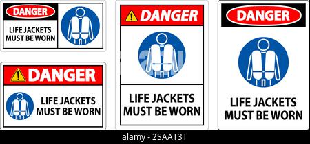 Wassersicherheitsschild Gefahr, Rettungswesten Müssen Getragen Werden Stock Vektor