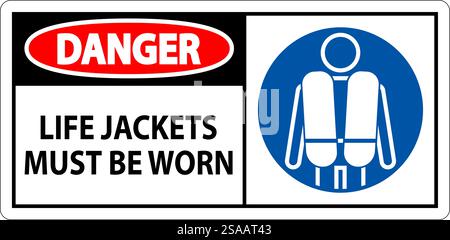 Wassersicherheitsschild Gefahr, Rettungswesten Müssen Getragen Werden Stock Vektor