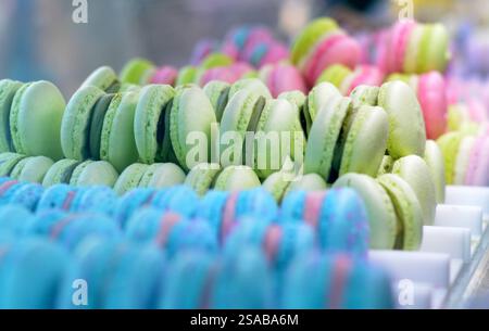 Farbenfrohe französische Macarons mit einer Vielzahl von lebhaften Aromen und zarten Texturen, perfekt für besondere Anlässe oder als süße Tre Stockfoto