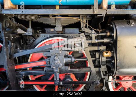 Nahaufnahme der Räder einer alten Dampflokomotive Stockfoto