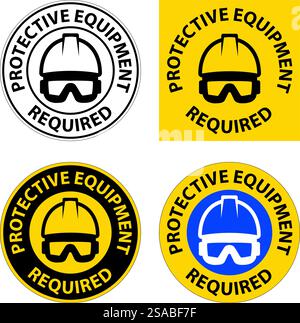 Sammlung von Sicherheitsschildern, die die Anforderungen an Schutzausrüstung, einschließlich Schutzhelm und Schutzbrille, kennzeichnen, die für verschiedene Arbeitsumgebungen geeignet ist. Stock Vektor