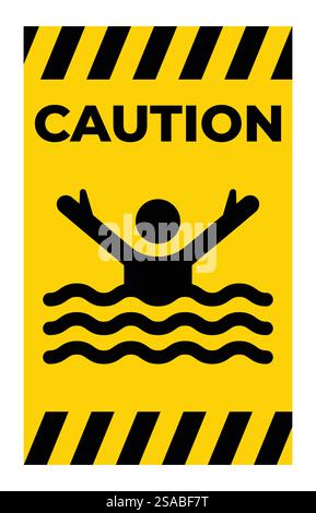 Ein Warnschild mit Vorsicht, das eine Person im Wasser zeigt, die Hilfe anfordert. Das leuchtende gelbe und schwarze Design unterstreicht das Bewusstsein für das Risiko von Ertrinken, das für die Sicherheit erforderlich ist. Stock Vektor