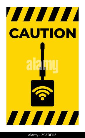 Ein Warnschild mit einem Wireless-Signalsymbol und fett gedrucktem Text. Die leuchtenden gelben und schwarzen Farben betonen die Sicherheit und warnen Personen vor potenziellen Gefahren für drahtlose Netzwerke. Stock Vektor