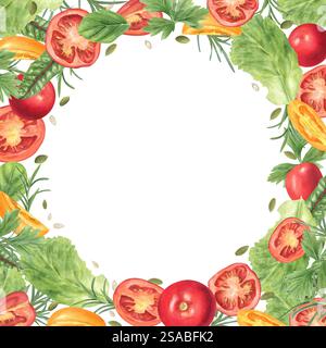 Frische Tomaten, Salatblätter dekoriert Sonnenblumenkerne und Kürbiskerne Gemüserahmen isolierter Hintergrund. Quadratische Illustration mit Aquarell Stockfoto