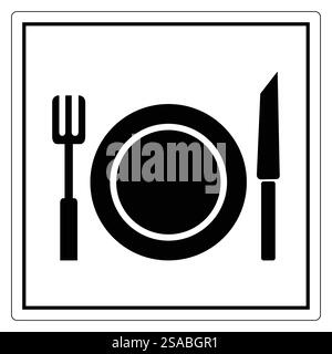 Ein einfaches schwarz-weißes Symbol mit Gabel und Messer neben einer runden Platte. Perfekt für die Darstellung von Speisen, Besteck und kulinarischen Themen in Designprojekten. Stock Vektor