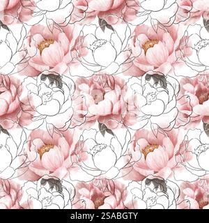 Nahtloses Muster mit floralen Pfingstrosen auf Blumenhintergrund. Stockfoto