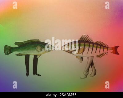 Konzeptuelle Collagekunst von zwei Fischen mit Beinen, die miteinander reden Stockfoto