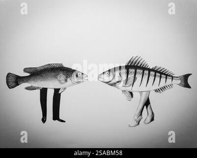 Konzeptuelle Collagekunst von zwei Fischen mit Beinen, die miteinander reden Stockfoto