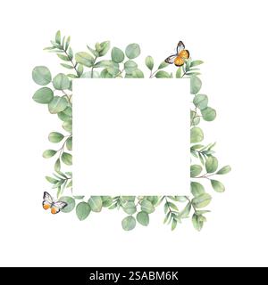 Eukalyptuszweige und fliegende Orangenfalter bilden isolierten Hintergrund. Grüne Blätter, zarter quadratischer Rand mit leerem Platz für Text. Stockfoto