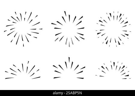Symbole für Sonnenschein gesetzt. Radiale Burst-Gruppe. Einfache schwarze Formen. Vektor-Akzentgrafiken. Stock Vektor