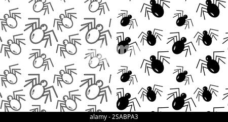 Nahtlose Muster von Outline und Black Spinnen. Thematische Karten oder abstrakte Halloween Hintergründe Set 2. Isolierte Vektor Illustration Hintergrundbild, Verpackung oder Web Promo Promo Promo Prospekt, Karten, Poster, Banner, Etikett Stock Vektor