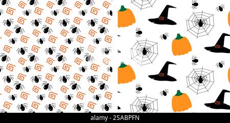 Spinnen, Spinnennetz, Kürbisse und Hexenhüte nahtloses Muster Halloween Hintergrund Textur Konzept Set 2. Isolierte Vektor-Illustration Wrapping, Tapete oder Web Promo Banner, thematische Karte, Faltblatt, Tag Stock Vektor