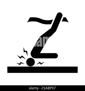 Schwarz-weiß-Symbol, das einen Läufer zeigt, der an der Ziellinie fällt und sportliche Wettkämpfe, Verletzungen und dynamische Bewegungen im Sport darstellt. Stock Vektor