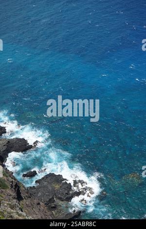 Aus der Vogelperspektive auf die zerklüftete Küste und das tiefblaue Meer, Oahu, Hawaii – mächtige Wellen, die in einem tropischen Paradies auf vulkanische Felsen stürzen. Stockfoto