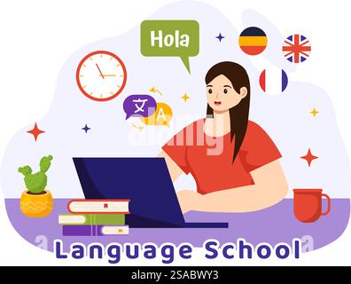 Sprachschule Vektor-Illustration von Online-Lernen, Kursen, Trainingsprogramm und Studium fremder Hallo-Sprachen im Ausland in flachem Hintergrund Stock Vektor