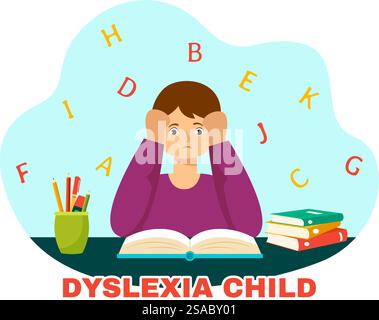 Legasthenie Kinder Vektor-Illustration der Kinder Dyslexie-Störung und Schwierigkeit beim Lernen Lesen mit Buchstaben, die heraus im flachen Zeichentrickhintergrund fliegen Stock Vektor