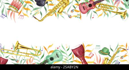 Aquarell Karnevalsmusik Percussion, Saiten- und Bläserinstrumente, musikalische Noten zwischen abstrakten Farben hinterlässt rechteckige Grenzen. Mardi Grass, Brasilianer Stockfoto