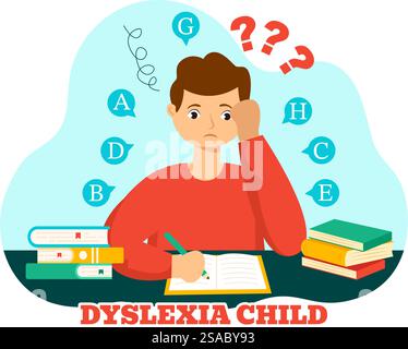 Legasthenie Kinder Vektor-Illustration der Kinder Dyslexie-Störung und Schwierigkeit beim Lernen Lesen mit Buchstaben, die heraus im flachen Zeichentrickhintergrund fliegen Stock Vektor