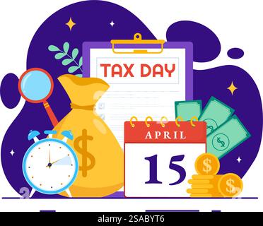 Happy Tax Day Vektor Illustration am 15. April mit Clipboard Steuerformular, Uhr, Stift, Münzen Geld und Papier Dokument, um die Rechnungen in flachem Hintergrund zu bezahlen Stock Vektor
