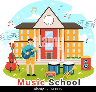 Musik Schule Vektor Illustration mit Spielen verschiedener Musikinstrumente, Lernen Bildung Musiker und Sänger in Flat Kids Cartoon Hintergrund Stock Vektor