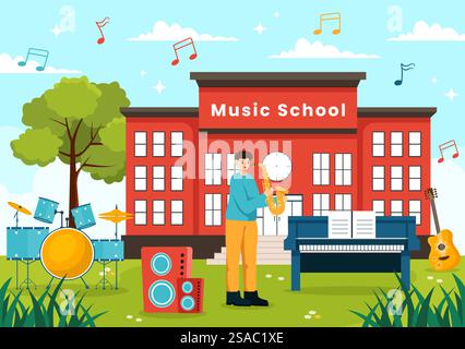 Musik Schule Vektor Illustration mit Spielen verschiedener Musikinstrumente, Lernen Bildung Musiker und Sänger in Flat Kids Cartoon Hintergrund Stock Vektor