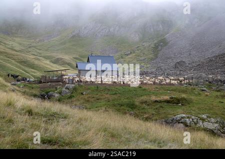 Die Hütte Cabane de Magnabaigt, die im Sommer bei der Wanderei im Vallon de Magnabaigt im Ossau-Tal, Pyrenäen-Nationalpark, Be zur Käseherstellung genutzt wurde Stockfoto
