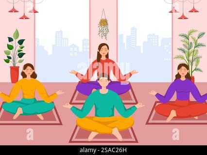 Achtsamkeit Meditation Vektor-Illustration der Person mit geschlossenen Augen und überkreuzten Beinen und Entspannung in Yoga Lotus Haltung flacher Hintergrund Stock Vektor