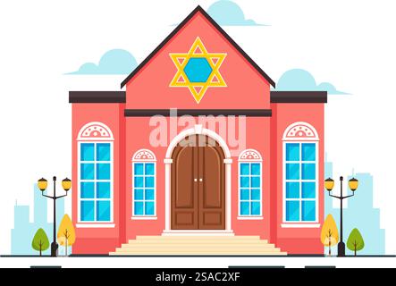 Synagogengebäude oder jüdischer Tempel Vektor-Illustration mit religiösem, hebräischem oder Judentum und jüdischem Anbetungsort im flachen Zeichentrickhintergrund Stock Vektor