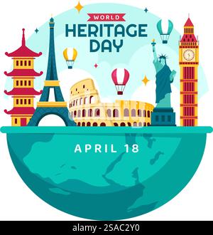 Weltkulturerbestag Vektor-Illustration am 18. April für Gedenkdenkmäler und Stätten aus verschiedenen Ländern in flachem Hintergrund Stock Vektor