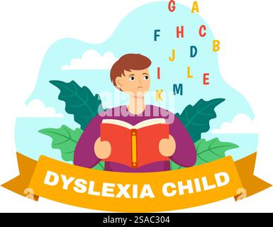 Legasthenie Kinder Vektor-Illustration der Kinder Dyslexie-Störung und Schwierigkeit beim Lernen Lesen mit Buchstaben, die heraus im flachen Zeichentrickhintergrund fliegen Stock Vektor