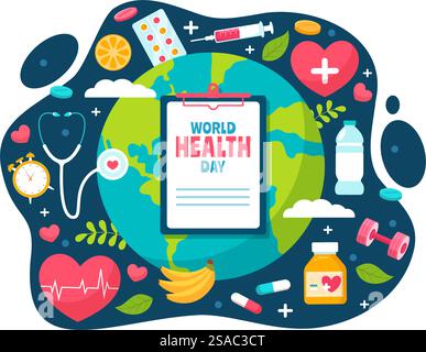 Weltgesundheitstag Vektor-Illustration am 7. April mit Erde und medizinischer Ausrüstung für die Bedeutung von Gesundheit und Lebensstil im Cartoon-Hintergrund Stock Vektor