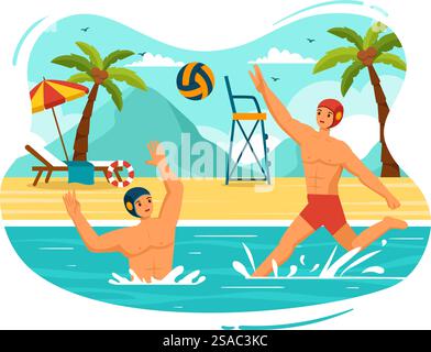 Wasser Polo Sport Vektor Illustration mit Spieler spielt, um den Ball auf das gegnerische Tor im Schwimmbad im flachen Zeichentrickhintergrund zu werfen Stock Vektor