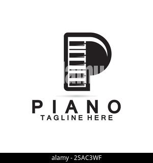 Piano-Logo mit Buchstabe P. Kombination aus Buchstabe P im kreativen Design und Logo für Klavier mit Tastatur. Stock Vektor