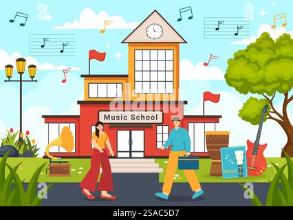 Musik Schule Vektor Illustration mit Spielen verschiedener Musikinstrumente, Lernen Bildung Musiker und Sänger in Flat Kids Cartoon Hintergrund Stock Vektor