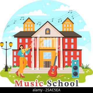 Musik Schule Vektor Illustration mit Spielen verschiedener Musikinstrumente, Lernen Bildung Musiker und Sänger in Flat Kids Cartoon Hintergrund Stock Vektor