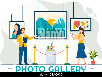 Fotogalerie Vektor-Illustration für Museumsbesucher Ansehen Sie Ausstellung von modernen abstrakten Gemälden und Bild in zeitgenössischem in flachem Hintergrund Stock Vektor
