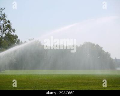 Bewässerungssystem auf der Donauinsel Donauinsel in Wien. Bewässerung von Rasen und Bäumen im Park an einem heißen Sommertag. Dürreschutz Landwirtschaft Stockfoto