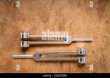 Stimmgabeln aus Metall mit Gewichtung, die für die Stimmung von Musikinstrumenten, die Klangtherapie, die Heilung oder Entspannung von Chakra verwendet werden Stockfoto